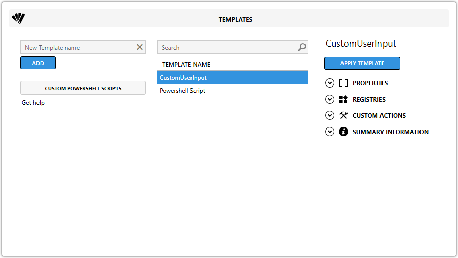 Master Packager showing the process of applying a template, automating repetitive tasks by quickly applying pre-configured properties, registries, custom actions, and install sequences to a package.