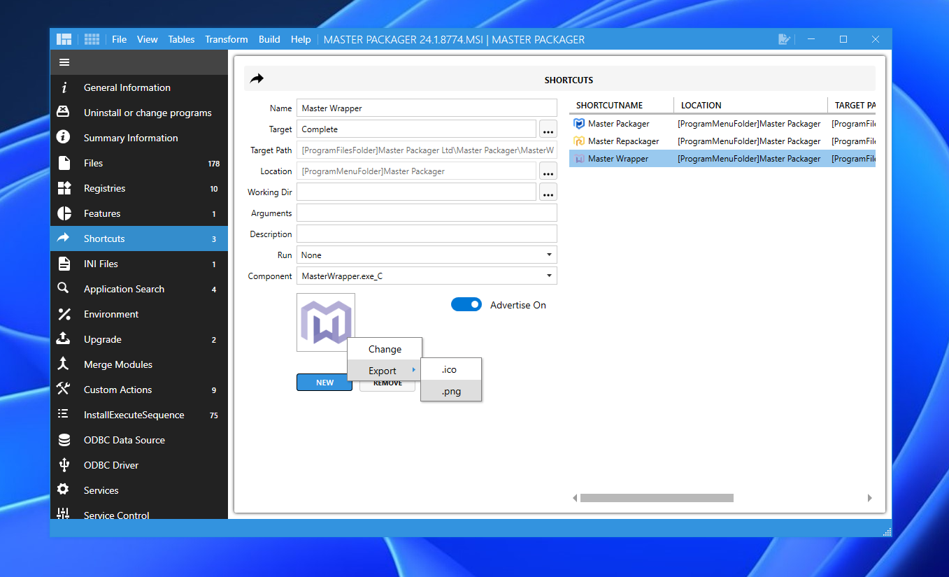 Master Packager Shortcut View displaying the new functionality to export .ico and .png files directly from the MSI.