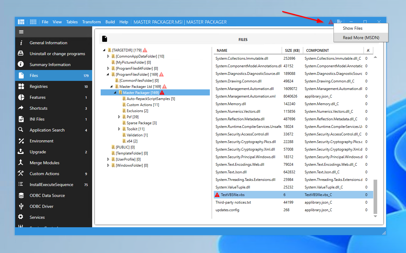 Master Packager interface highlighting the detection of VBS files embedded within an MSI or MST, emphasizing the importance of transitioning to actively developed tools.