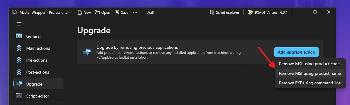 Master Wrapper: remove MSI using Product Name as an upgrade action
