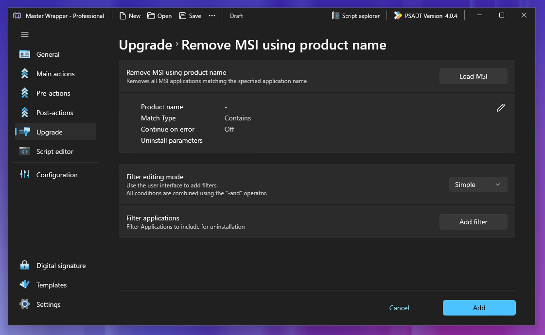 Master Wrapper: remove MSI using Product Name as an upgrade action