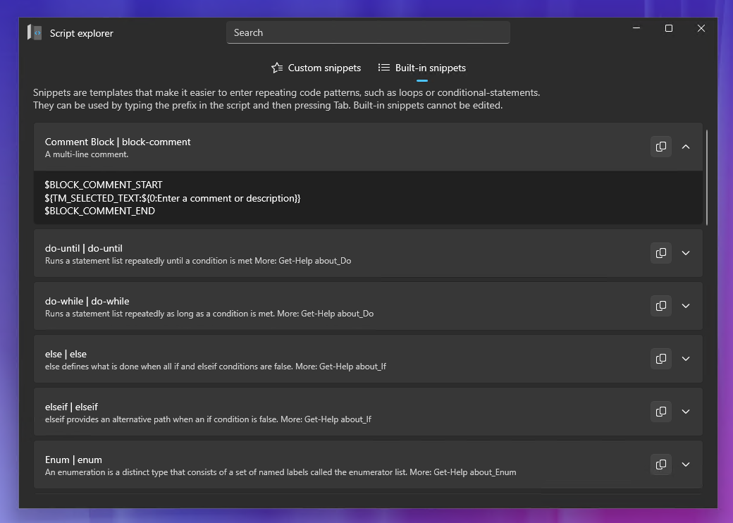 Built-in snippets available from the script editor for Master Wrapper