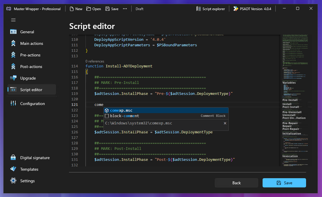 built-in snippets available from the script editor for Master Wrapper
