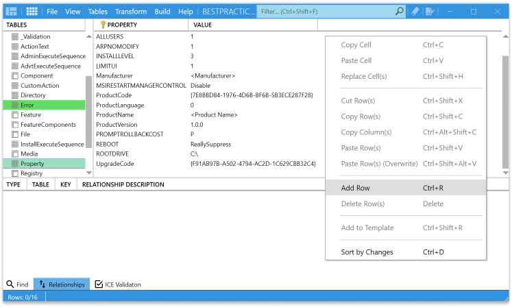Manually adding property in Master Packagers table editor