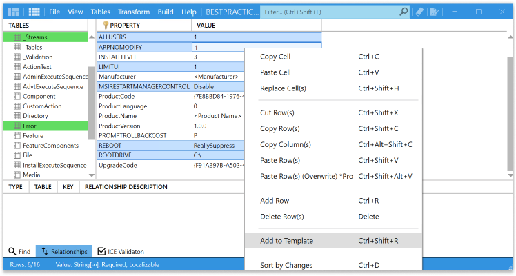 Selecting multiple rows in Master Packagers table editor to create a Template
