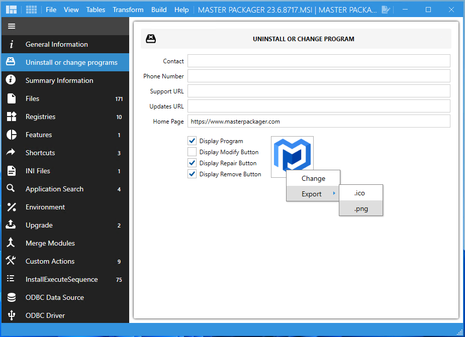 Step-by-step guide for exporting icons from an MSI file with Master Packager software. Learn how to open the MSI file, navigate to the Icon table in the Table Editor, double-click the DATA column cell for the desired icon, and press S to save it as a .ico file.