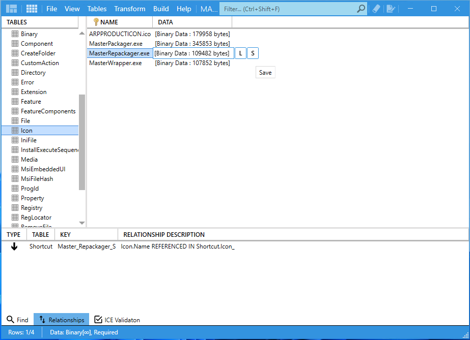 Step-by-step guide to exporting icons from an MSI file using Master Packager software. This process shows how to open the MSI file, navigate to the Icon table in the Table Editor, double-click the DATA column cell for the icon, and press S to save the icon as a .ico file. Perfect for developers who need to extract and save icons as .ico files