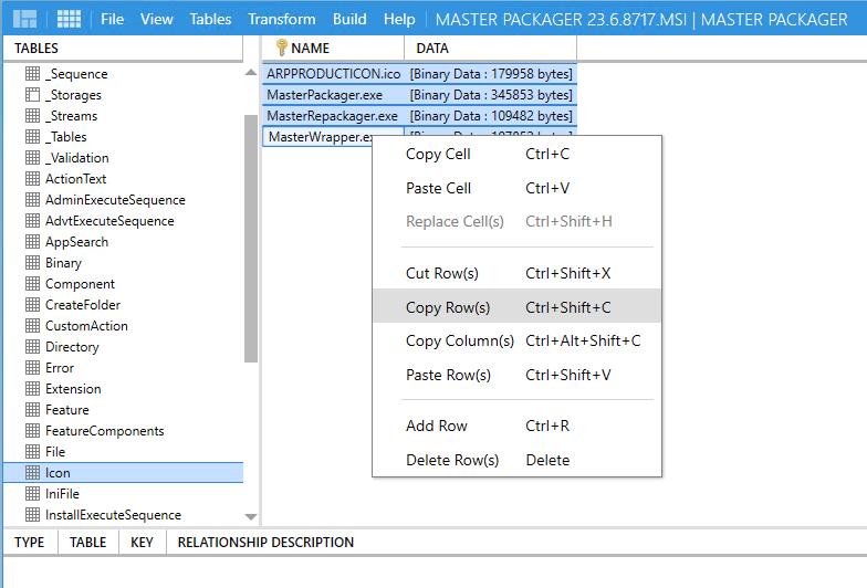 Step-by-step guide showing how to export icons from an MSI file using Master Packager software. This process involves opening the MSI file, navigating to the Icon table in the Table Editor, selecting the rows with desired icons, and right-clicking to choose “Copy Row(s)” for export. Ideal for developers looking to extract and save icons as .ico files quickly and easily.