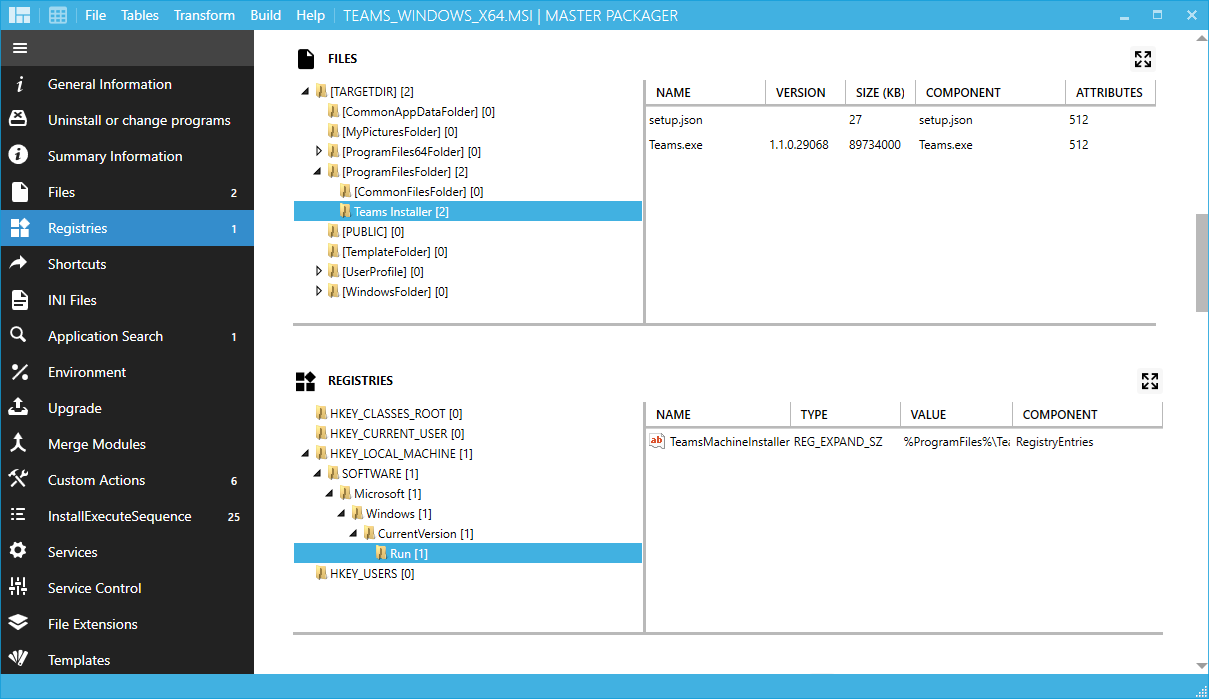 Master Packager advanced editor view showing the contents of the Microsoft Teams MSI, displaying two files in Program Files: Teams.exe and setup.json, along with a registry entry that runs Teams.exe at user login.