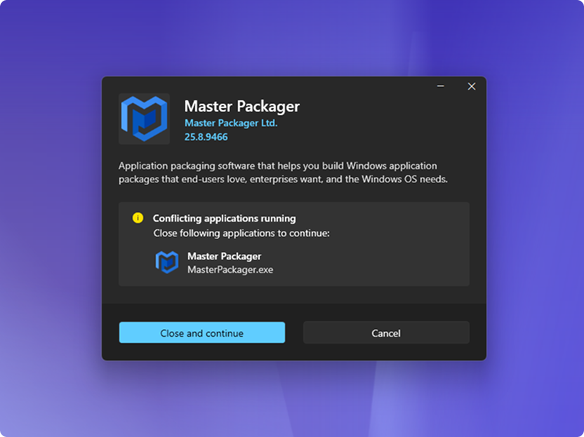 View that lists conflicting processes to close in installers created by Master Packager Dev