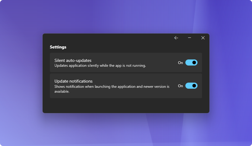 Settings view to control auto-updates for installers created by Master Packager Dev