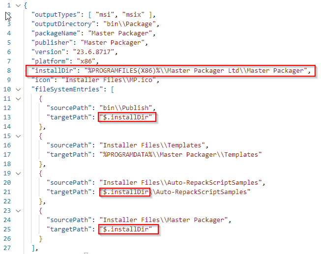 Master Packager displaying support for secondary upgrade codes and nested properties, with $InstallDir usage highlighted in the upgrade code.