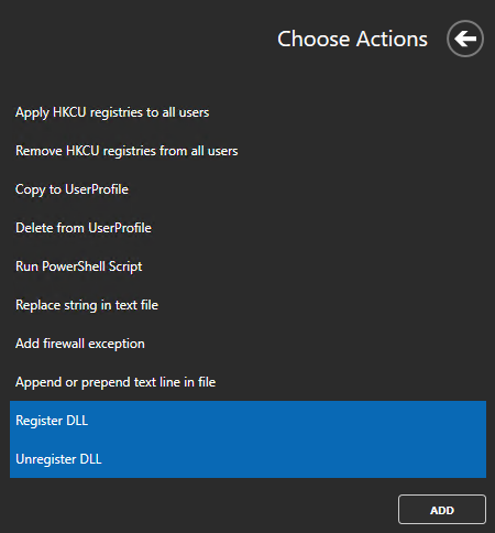 Master Packager interface with a predefined action labeled "Register DLL."