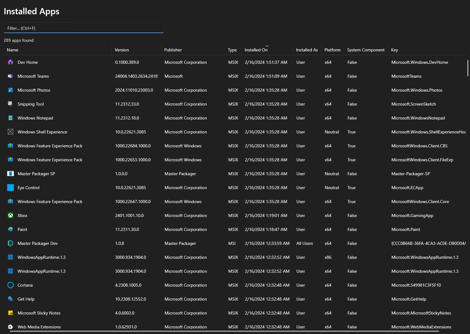 All apps sorted by installed date and time.