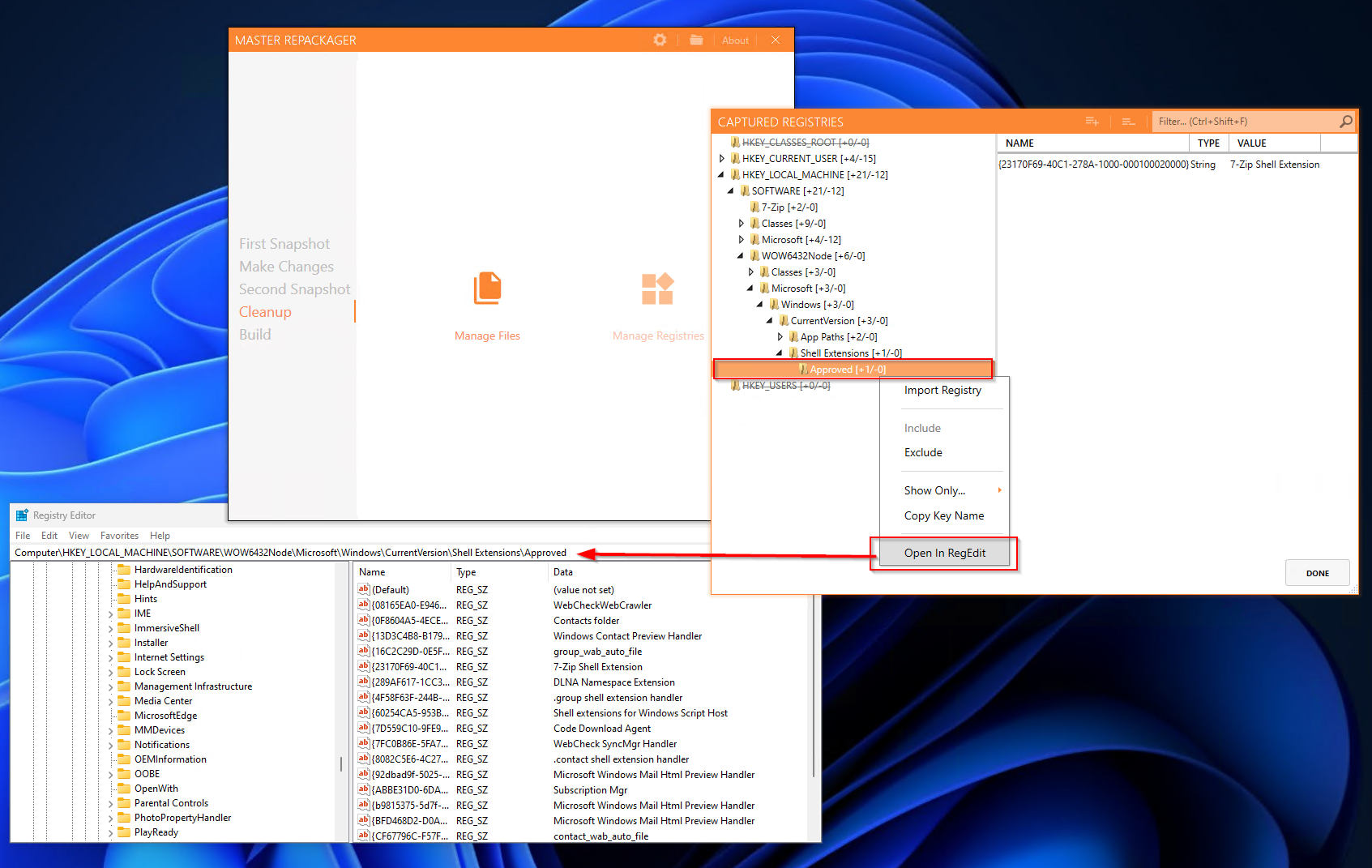 Master Repackager displaying the Open in Regedit button highlighted.