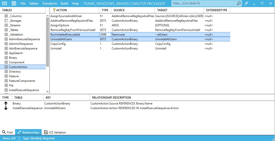Master Packager interface showing the added custom actions for Teams installation: RunInstalledExecutable configured to install files to Program Files using Teams.exe with the –allUsers switch, and UninstallAllUser set to uninstall all files via a script stored in the Binary table.