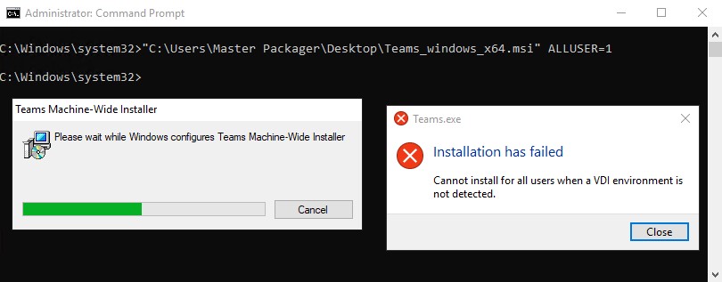 Command prompt window running as administrator during installation, with the ALLUSER=1 property applied. An error message appears: Cannot install for all users when a VDI environment is not detected, indicating installation failure.
