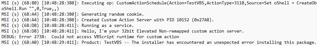 Error 2738: Could not access VBScript runtime for custom action