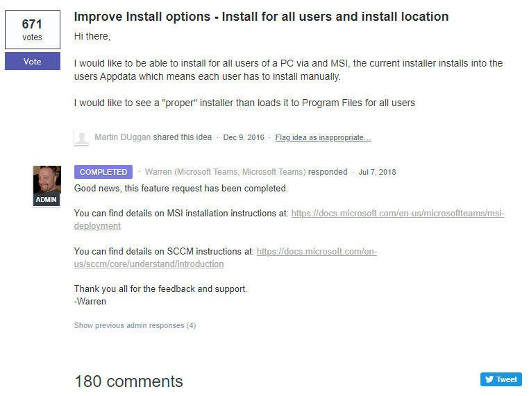 Microsoft Teams feedback site showing 671 votes for enabling all-user installation, with a note indicating that although the change was marked Completed on July 7th, 2018, the outcome was simply wrapping the setup executable into an MSI without addressing the underlying issue.