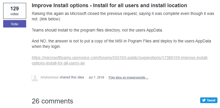 Microsoft Teams feedback site showing an open user story requesting a proper per-machine Teams application and installer, with 129 votes as of the time the article was written, and no reaction from the Microsoft Teams team.