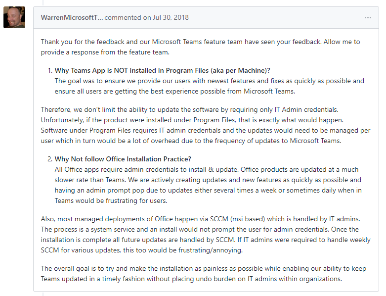 GitHub issue page showing a response from Warren, a Microsoft Teams feedback site admin, explaining why Microsoft designed Microsoft Teams in its current format, addressing user concerns.