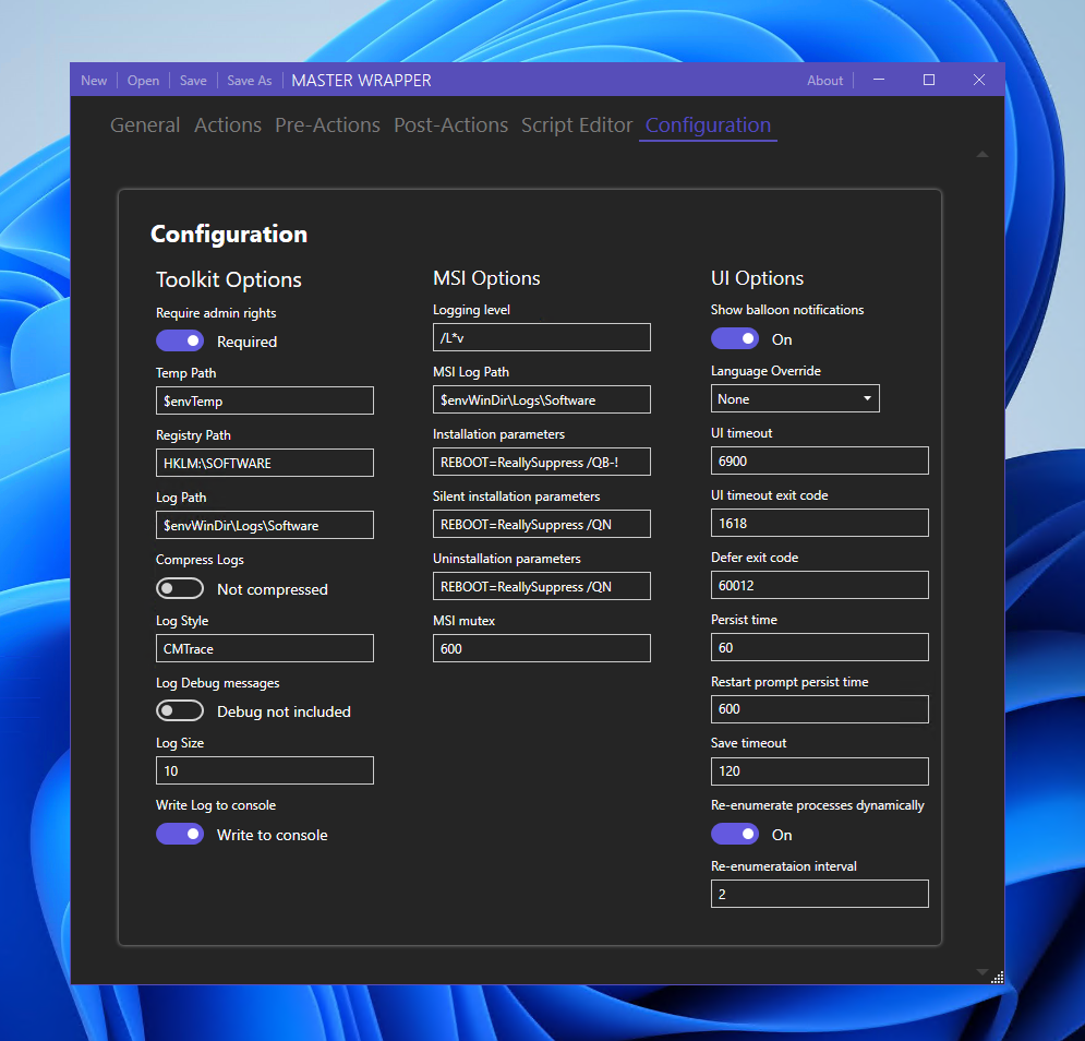 The Master Wrapper now displays the PowerShell App Deployment Toolkit configuration file in its own UI section called Configuration