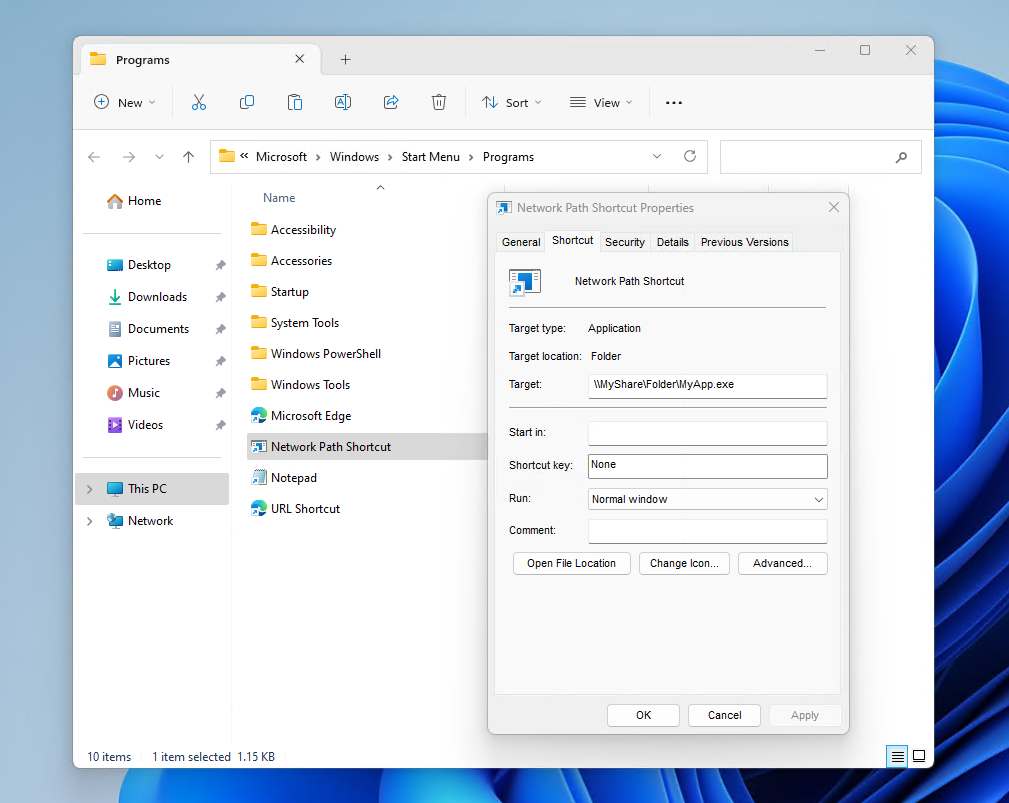 End result showing the Programs folder with the newly created shortcut, and the Shortcut Properties window open, displaying the target as a network path along with other shortcut details.