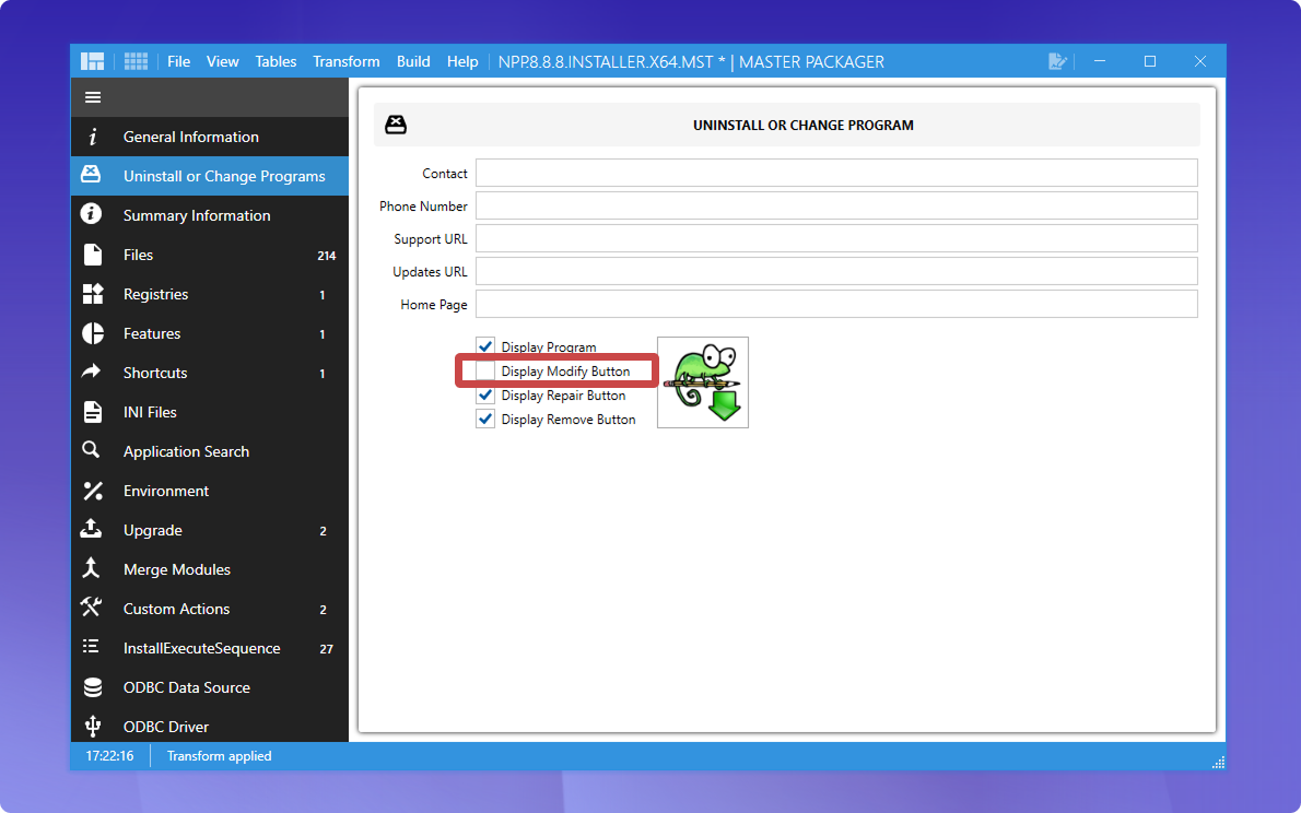Disable modify button in Master Packager