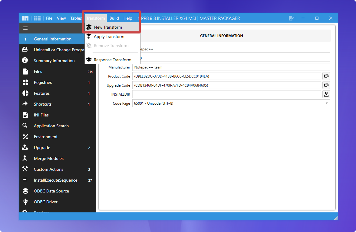 Create new Transform with Master Packager