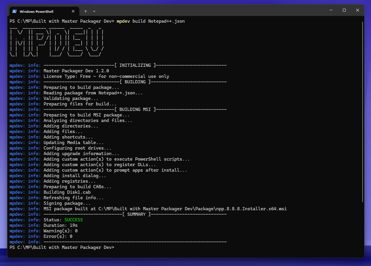 Building MSI using Master Packager in Terminal
