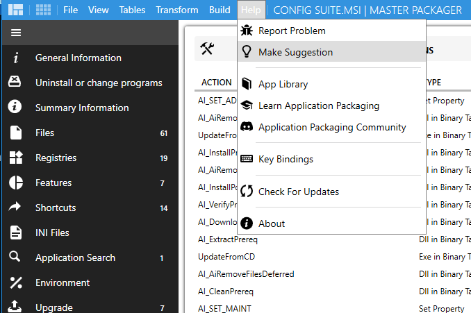 Master Packager Help section displaying the Make Suggestion option, allowing users to provide feedback or suggestions for improving the software