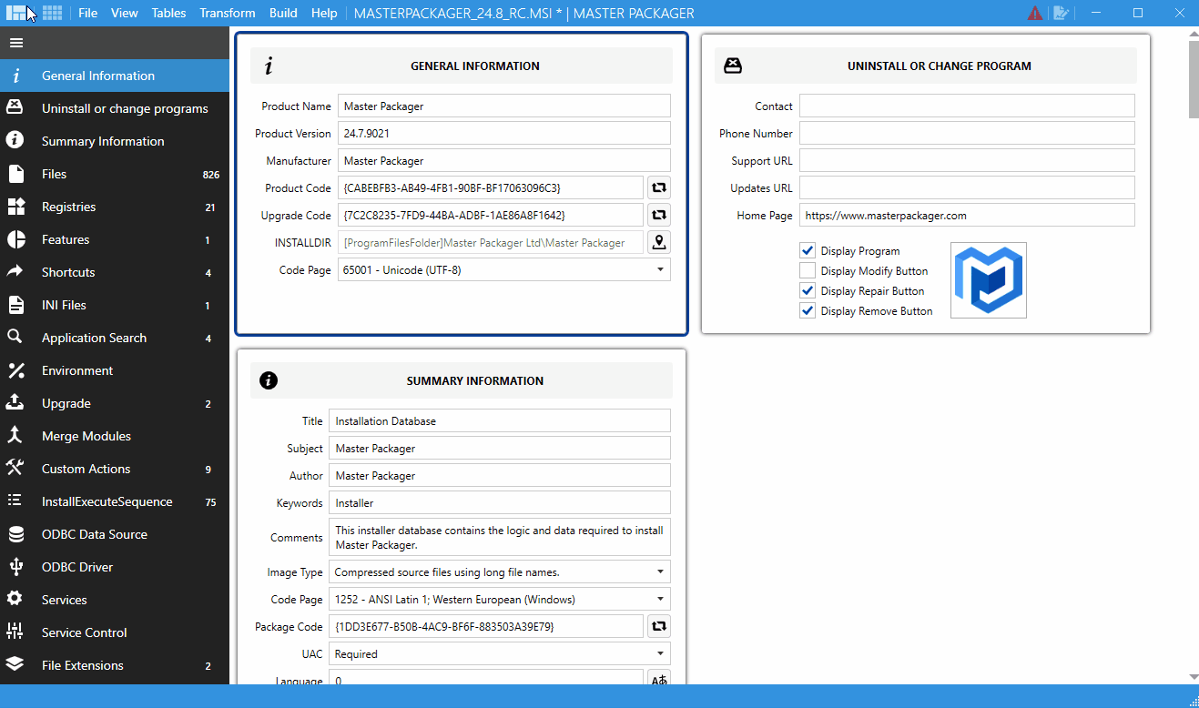 Master Packager showing the process of creating a response transform, where users configure installation settings and generate an MST file to apply changes to the MSI package.