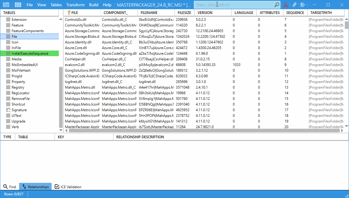Master Packager Table Editor showing the filter option in use, making it easy to find specific configurations like disabling updates, even in tables with over 100,000 rows.