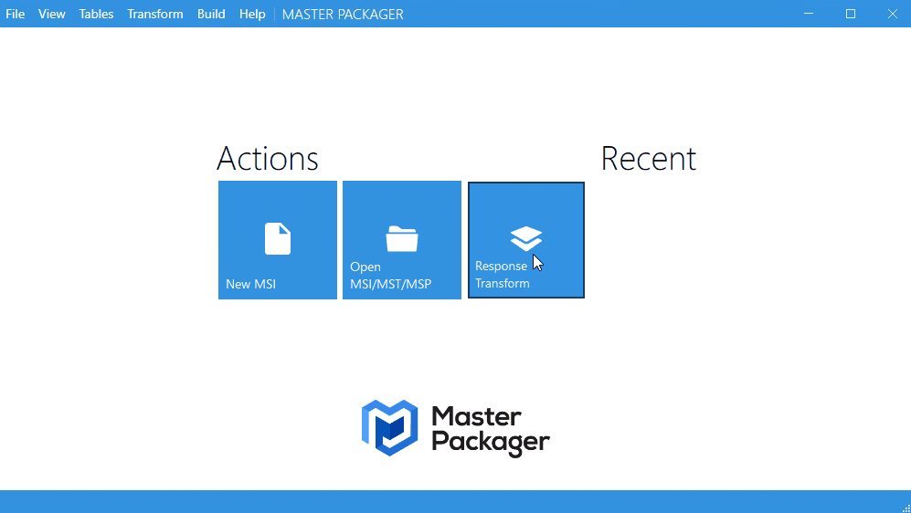 GIF demonstrating the creation of a response transform in Master Packager: selecting an MSI, adjusting installation settings, and generating an MST file with only the changes made during the dialogs, without installing the application.