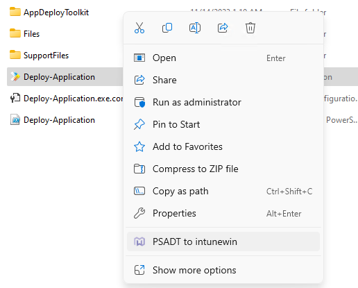Displaying the PSAppDeployToolkit to .intunewin file converter fix, highlighting the context menu option in the advertised shortcut