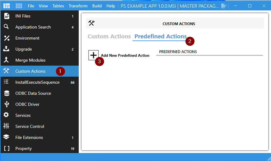 The image shows the process in Master Packager's Advanced Editor where a user navigates to the "Custom Actions" section, selects "Predefined Actions," and clicks "Add New Predefined Action" to create a new predefined action in an MSI or MST package. The interface highlights a streamlined approach to managing custom actions
