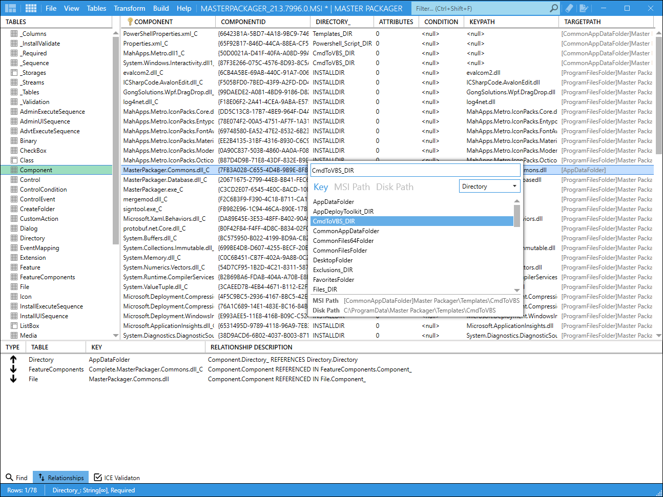 Master Packager Table Editor interface