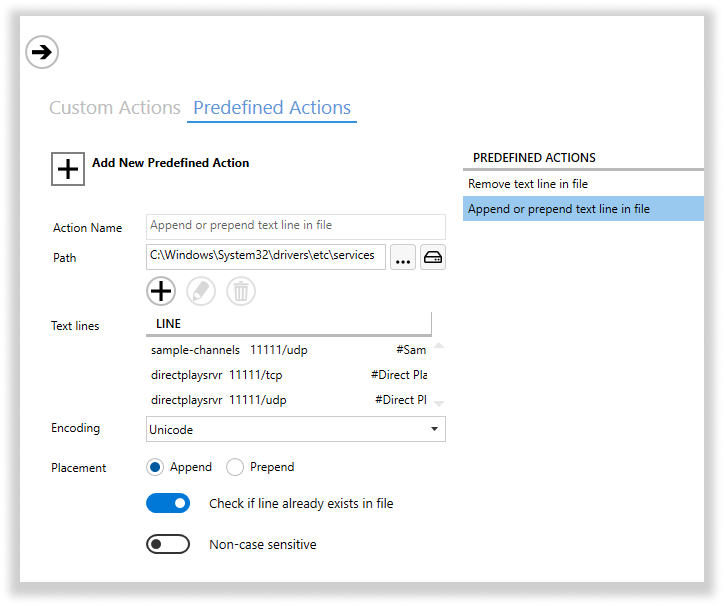 Master Packager interface showing the Append or Prepend text line in file predefined custom action, demonstrating how to easily add or remove text from a text file with just a few clicks.