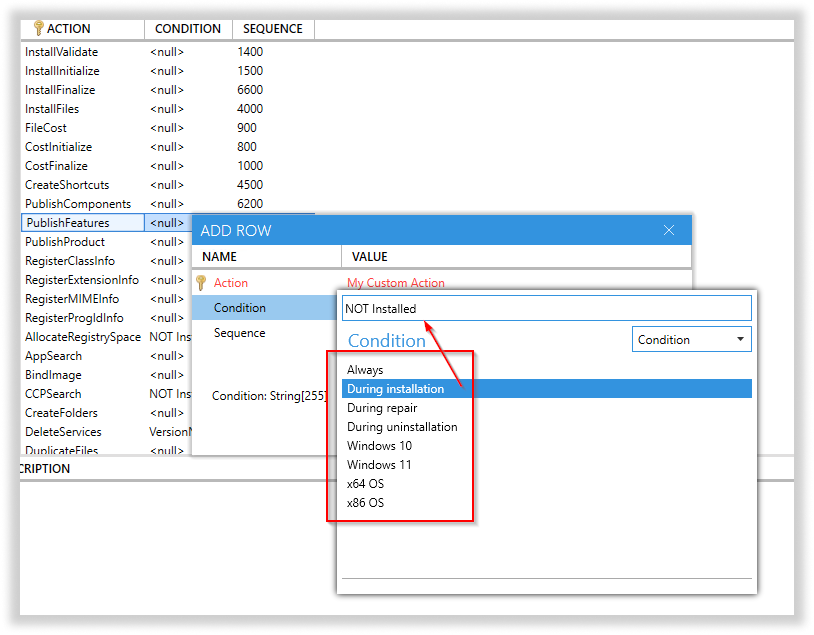 Alt text: Master Packager Table Editor showing the selection of predefined conditions to be applied to the MSI, highlighting the available options for customizing the MSI properties.