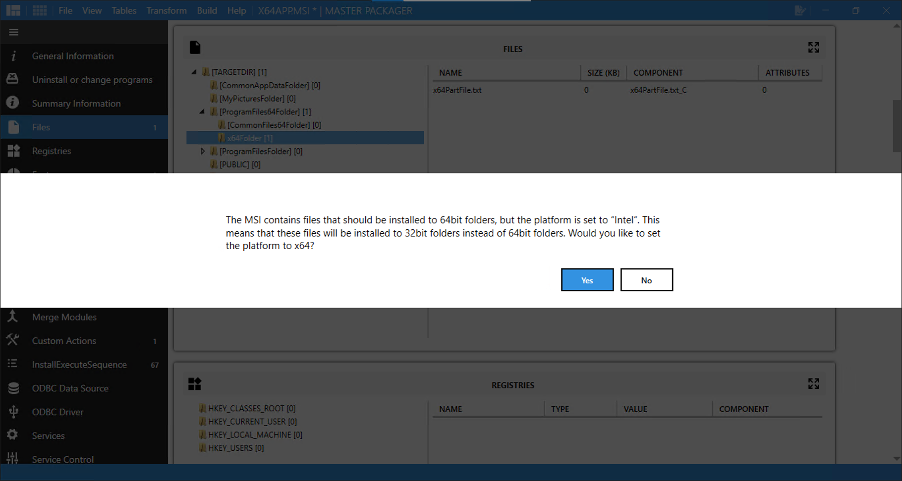 Master Packager prompt asking whether to set the platform to x64, as the MSI contains files intended for 64-bit folders but the platform is currently set to Intel (32-bit).