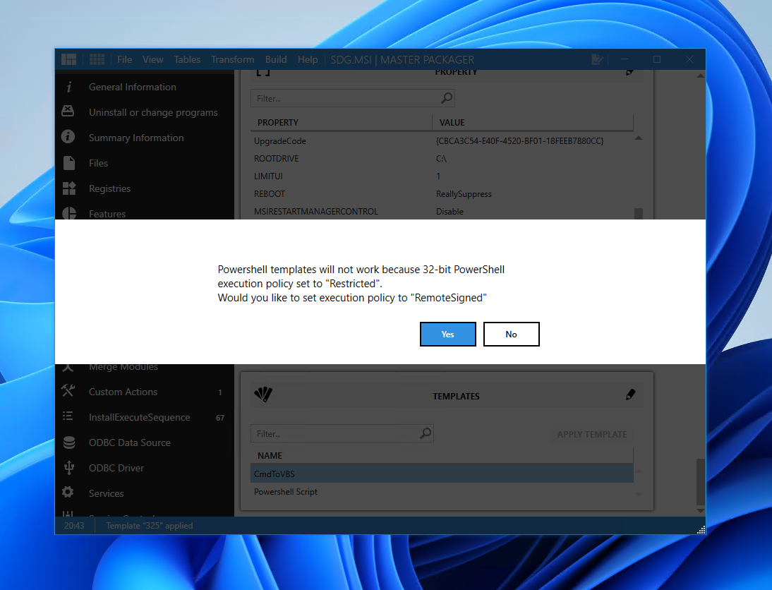 Master Packager showing a warning message about PowerShell templates not working due to the 32-bit PowerShell execution policy being set to Restricted, with an option to set the execution policy to RemoteSigned.