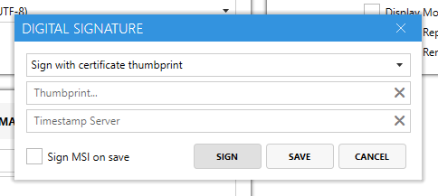 The image would show the "Digital Signature" window in Master Packager. It includes an option to sign with a certificate thumbprint, with a field for entering or selecting the thumbprint. A "Sign" button is present to initiate the signing process.