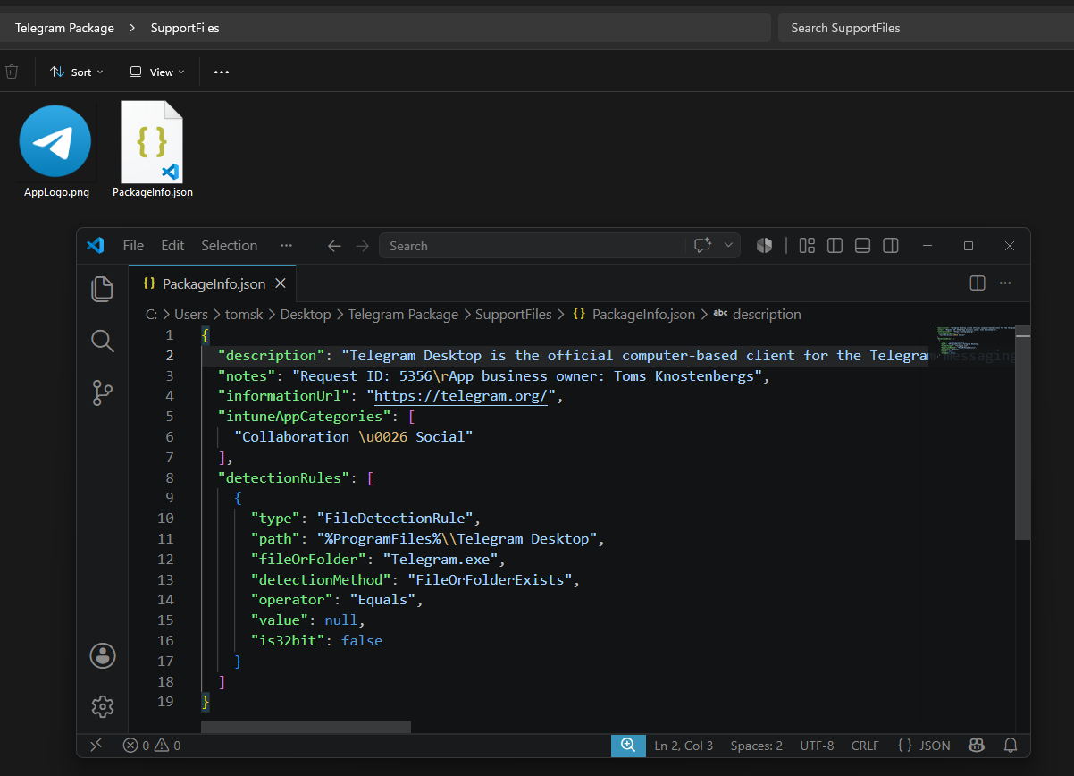 Deployment data stored in the SupportFiles folder as AppLogo.png and PackageInfo.json.