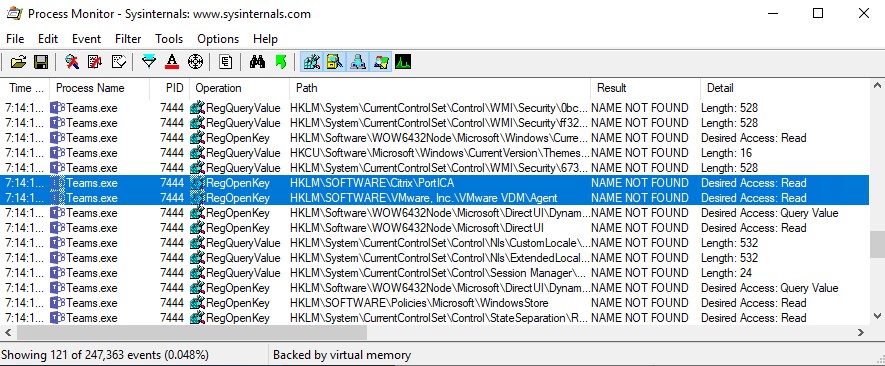 Process Monitor window open and capturing activity during the installation of Teams, displaying real-time logs of system processes, file access, and registry changes required for successful installation.