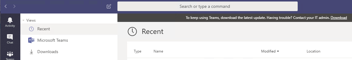 Old version of Microsoft Teams displaying a notification that reads, To keep using Teams, download the latest update, indicating that auto-updates are disabled and users must manually download updates.