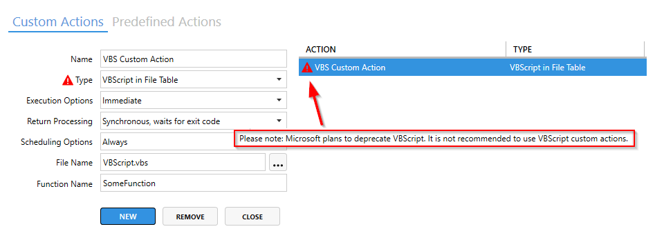 A screenshot of the Custom Action Advanced Editor view in Master Packager software, signaling the presence of a VBScript Custom Action in the opened MSI or MST file.