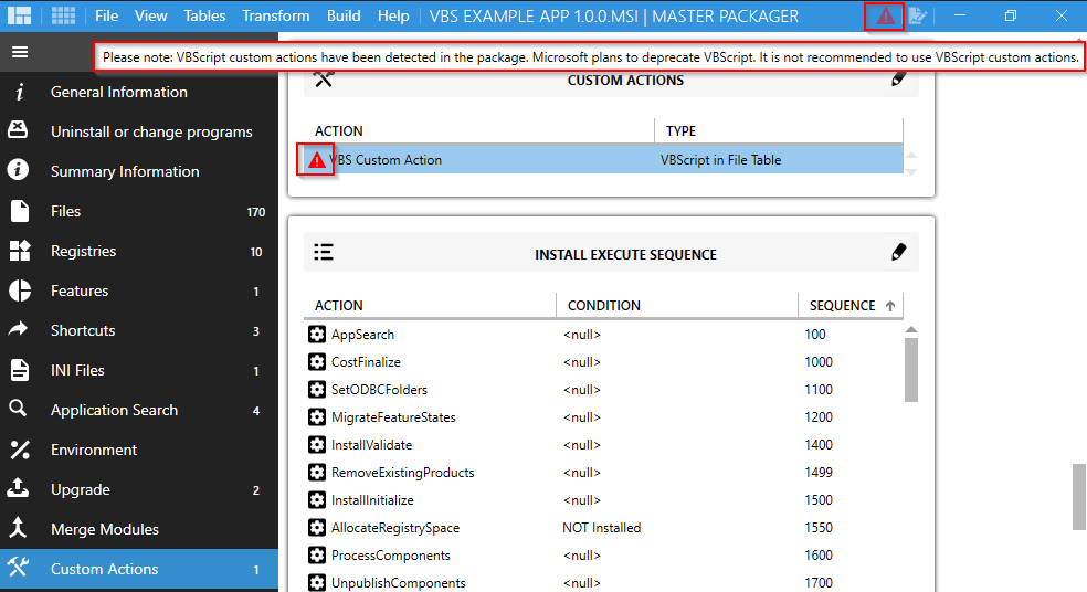 A screenshot of Master Packager software displaying a red warning icon at the top of the interface. The warning indicates the presence of a VBScript Custom Action in the opened MSI or MST file. The interface highlights the issue, guiding users to address deprecated VBScript elements in their package.