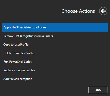 Master Packager showing the option to choose a Predefined Custom Action