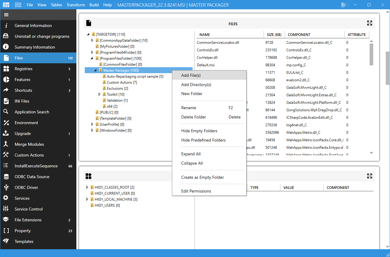 Master Packager Advanced Editor interface showing the process of adding files to an MSI package